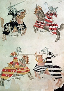 Jousting knights from Sir Thomas Holmes' book, circa 15th century