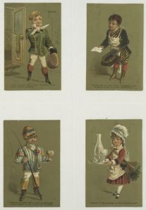 Here is a card (c. 1876-90) depicting children dressed up in various professionals. Note that the jockey is included in an all-working-class / subservant lineup: coachman, concierge, and maid.