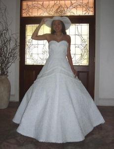 1st place winner, Ann Kagawa Lee's toilet paper wedding dress